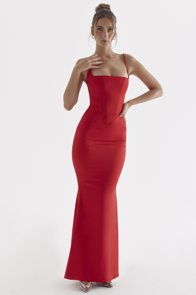 'Olivette' Red Rose Satin Corset Maxi Dress
